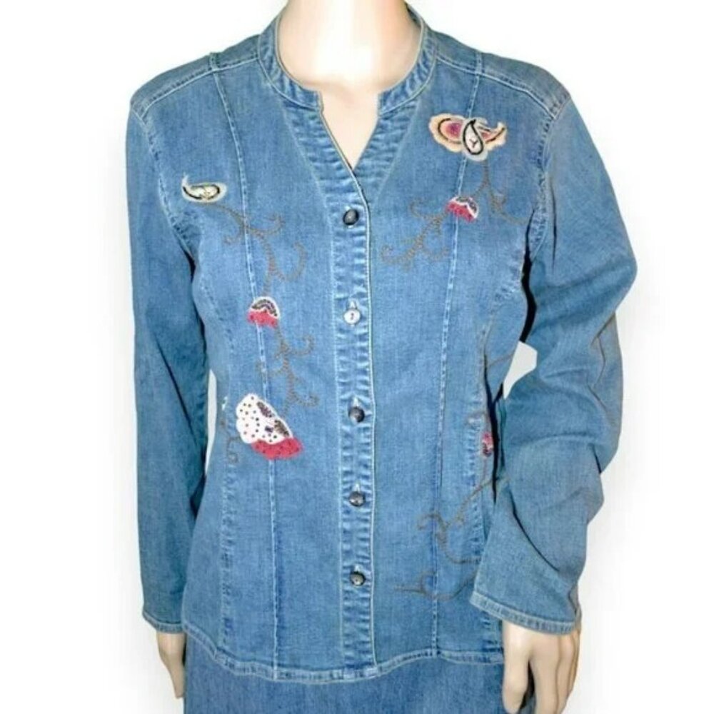 Vintage 90s Embroidered Floral Western Prairie Denim Blue Jean Top Blouse S